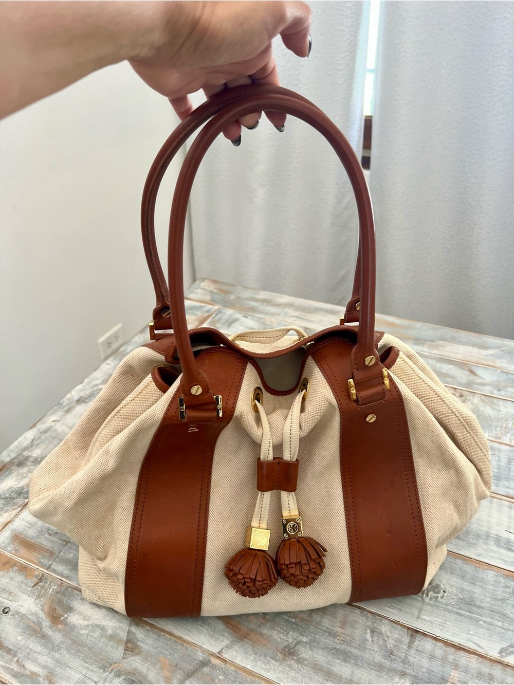 Tory Burch Canvas & Leather Drawstring Tote